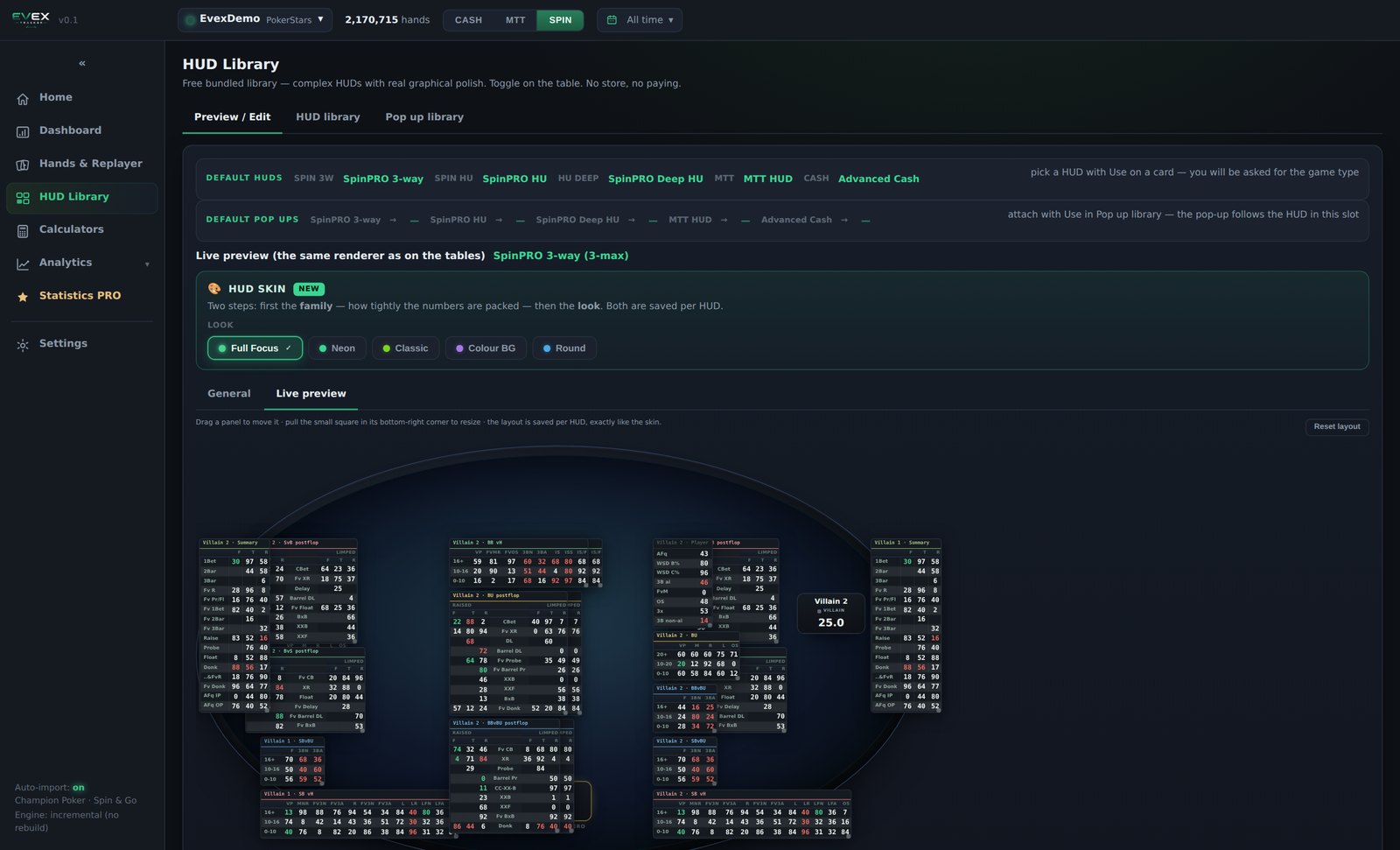 Live preview on a three-max table with the pop-up